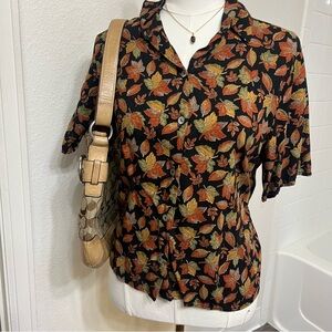 Fall autumn leaves button down short sleeve flannel collared shirt vintage